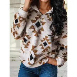 Western Print Sherpa Quarter Zip Collar Sweatshirt