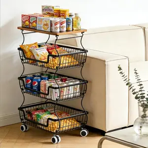Utility Rolling Cart 4-Tier Metal Storage Organizer Cart with Wooden Top Snack Rack Pantry Cart with Wheels for Kitchen, Bathroom, Office, Bedroom, Living Room, Black