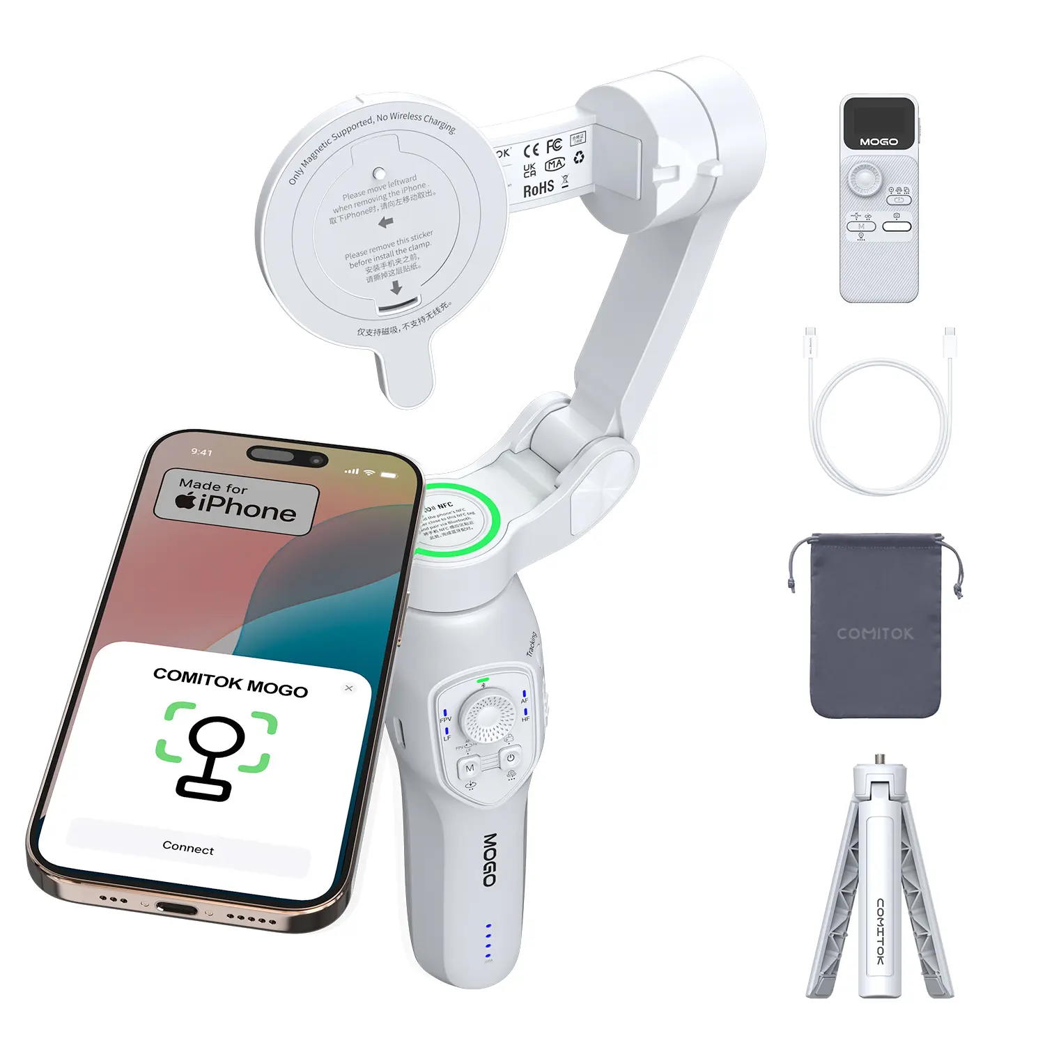 COMITOK MOGO Gimbal Stabilizer Only For iPhone, Adjustable 360 Degree Ai Tracking By Native Camera, Portable Magnetic Cellphone Gimbal For Video Recording And Filming, Vlogging Kit, Tripod Remote, Selfie Accessories, Tech Gimbal