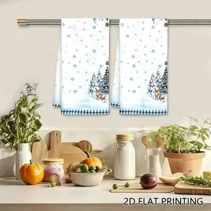 2PC  Winter Snow Scene Christmas Trees and Deer Swedish Dishcloth, Blue Checkered Reusable Absorbent Cellulose Sponge Wipe, Holiday Kitchen Cleaning Cloth