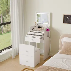 【Valentine’s Day Gift】VOWNER 3 in 1 Small Vanity Desk Makeup Vanity with LED Lighting Mirror and Cushioned Stool Nightstand Girls Small Vanity