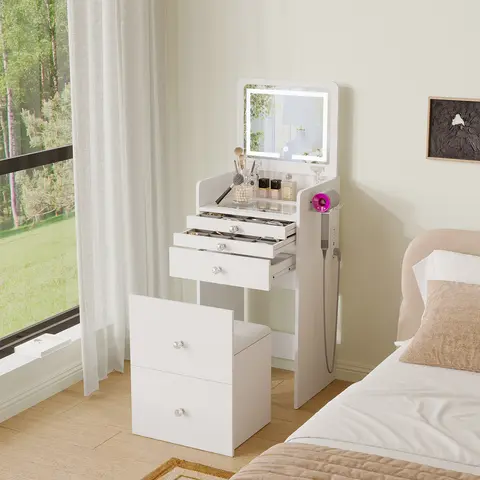 VOWNER 3 in 1 Small Vanity Desk Makeup Vanity with LED Lighting Mirror and Cushioned Stool Nightstand Girls Small Vanity