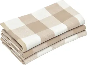 Beige Kitchen Towels 100% Cotton Dish Towel | Hand Towel for Kitchen | Tea Towel Cloth | Buffalo Check, Gingham, Farmhouse Dish Towels | Beige and Cream (Set of 3) 18X28 All Cotton and Linen