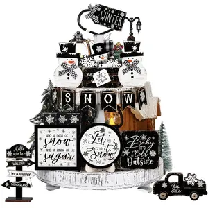 Wooden Christmas Themed Decoration Set, 18pcs/set Snowman & Snowflake & Truck Sign Decor, Desktop & Shelf Decoration Set for Home Party Festival, Ornaments