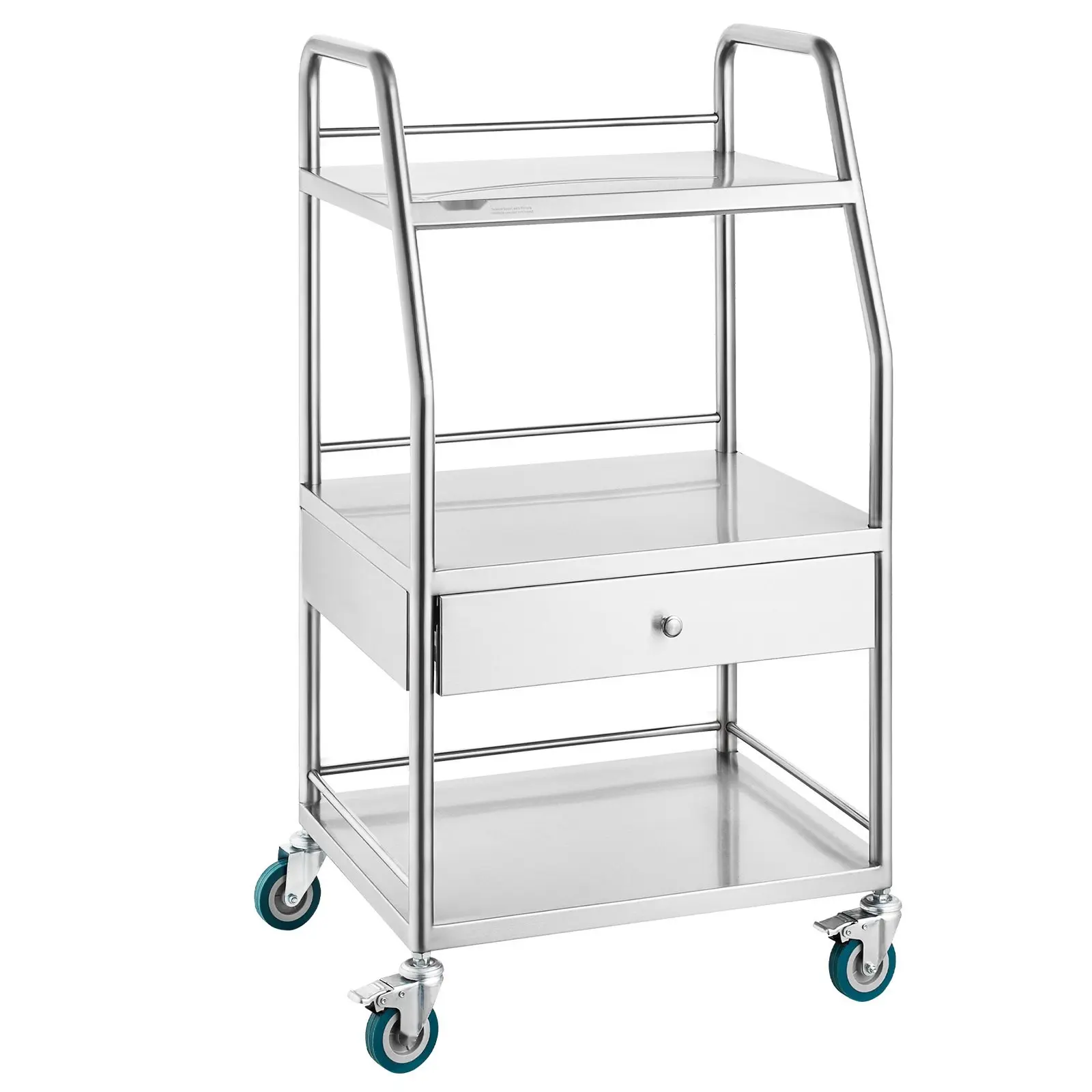 Three-Tier Laboratory Serving Cart In Stainless Steel, Heavy-Duty Utility Rolling Cart With Drawer, Medical And Dental Cart With Lockable Wheels, Portable Medical Supply Cart For Laboratory, Hospital, Clinic And Dental Office