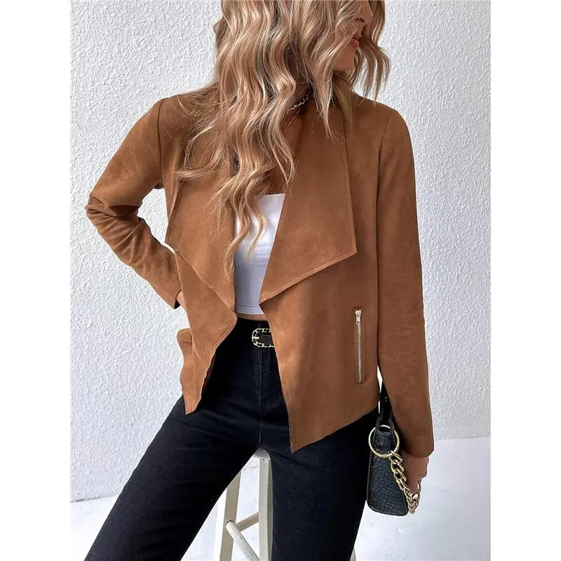 Women's Waterfall Collar Long Sleeve Open Front Suedette Jacket Elegant Womenswear Coats Tops