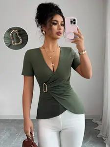 Women's Summer Elegant Solid Color Wrap Fitted T-Shirt