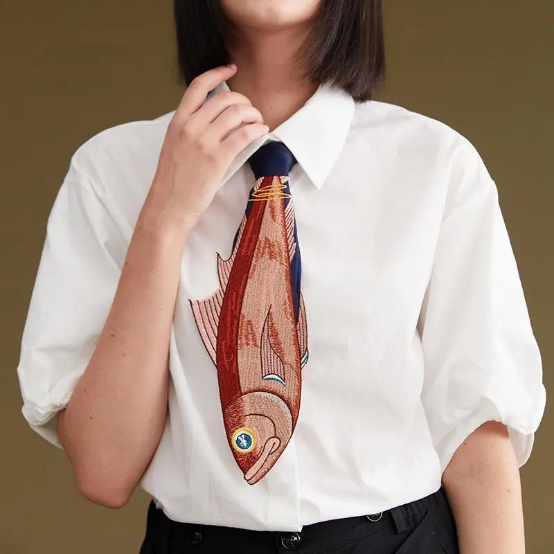 Funky Casual Satin Ribbon Necktie - Quirky Fish Embroidery, Colorful Irregular Spliced, Patterned Statement Accessory, One Size Embellished Tie for Fashion Enthusiasts