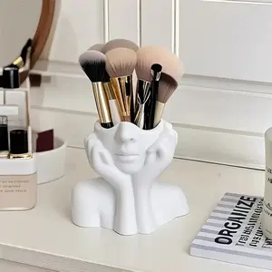 Face-Shaped Makeup Brush Holder - White Vanity Organizer with Eyebrow Pencil Slots, Portable & No Assembly Needed for Desk/Bathroom, Beauty Organizer