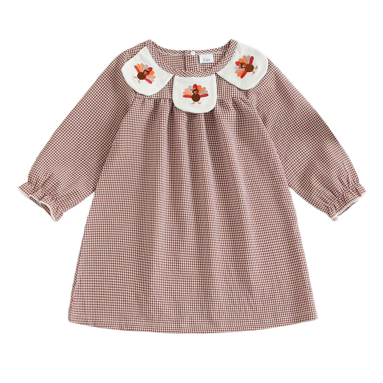 Toddler Girl Gingham Pattern Turkey Print Dress - Long Sleeve, Peter Pan Collar, A-Line Fall Party Outfit for Babies