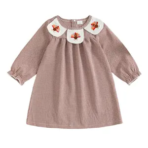 Toddler Girl Thanksgiving Gingham Dress Baby Long Sleeve Turkey Embroidery Peter Pan Collar A Line Party Dresses Fall Outfit