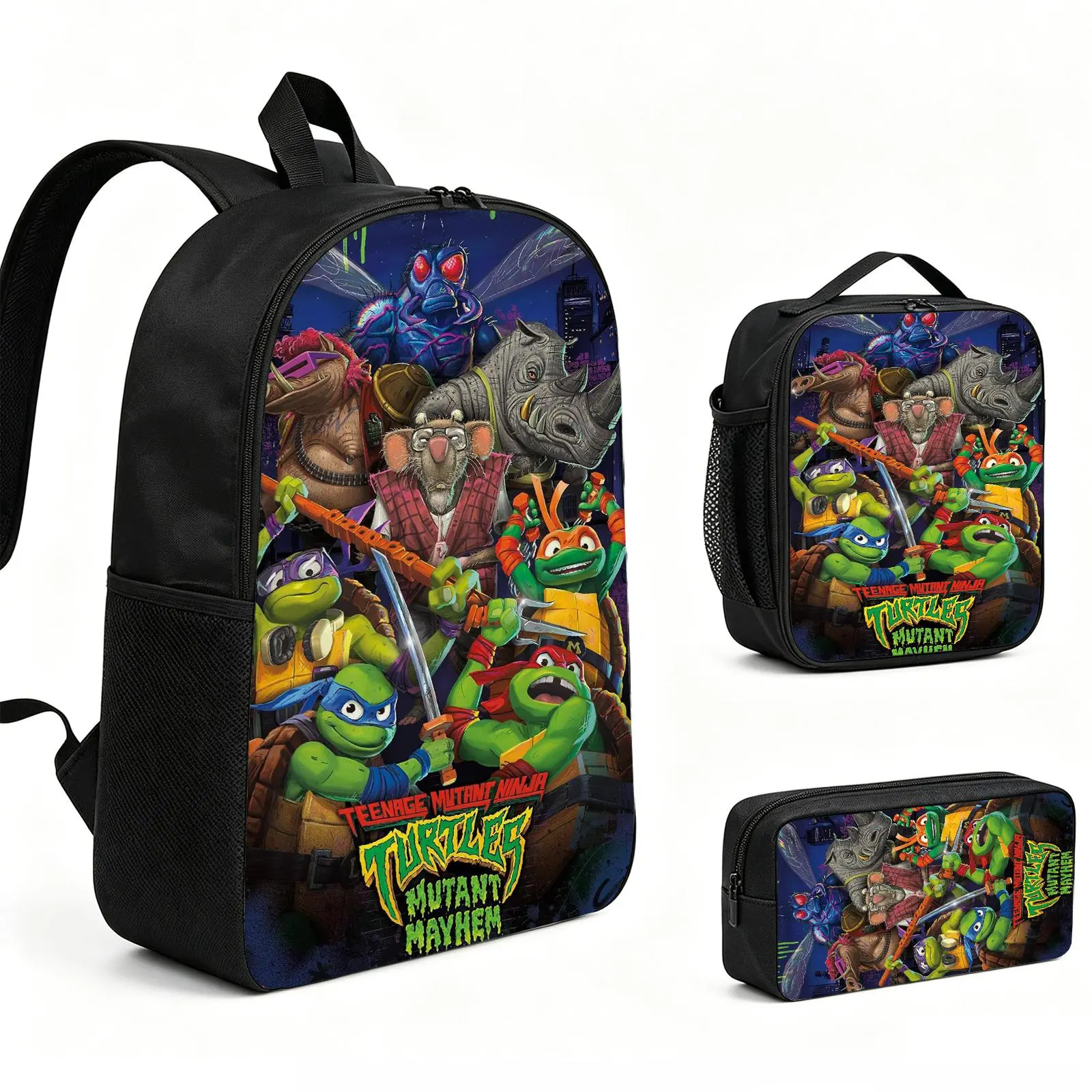 ninja turtle Backpack 3pcs Set with Vibrant Print, Durable School Bookbag with Insulated Lunch Tote and Pencil Bag for Teens Boys Girls, Multi-Functional Laptop Travel Daypack Gift for Kids L-222