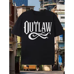 Large Size Men'S Summer Casual T-Shirt| Monochrome OUTLAW Pattern, Short Sleeves, Crew Neck, Slight Stretch Fabric, Suitable for Daily Wear, Plus Size