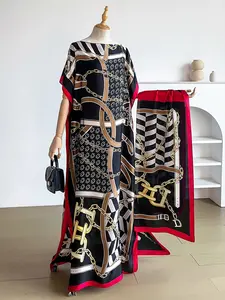 Elegant Chain Print Wrap Shawl Set, Fitted Scarf and Headband, Sun Protection Silk Scarf, Beachwear for Women, All Seasons