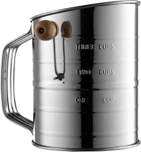 3 Cup Flour Sifter for Baking Fine Mesh Rotary Hand Crank with Loop Agitator Stainless Steel Construction for Quick Sifting