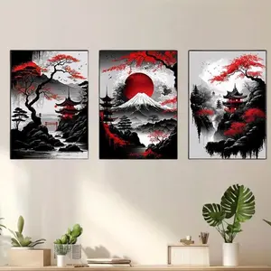Frameless Japanese Natural Landscape Canvas Wall Art Poster Set, 3 Pieces, Vintage Ink Design, Suitable for Living Room Bedroom Decor