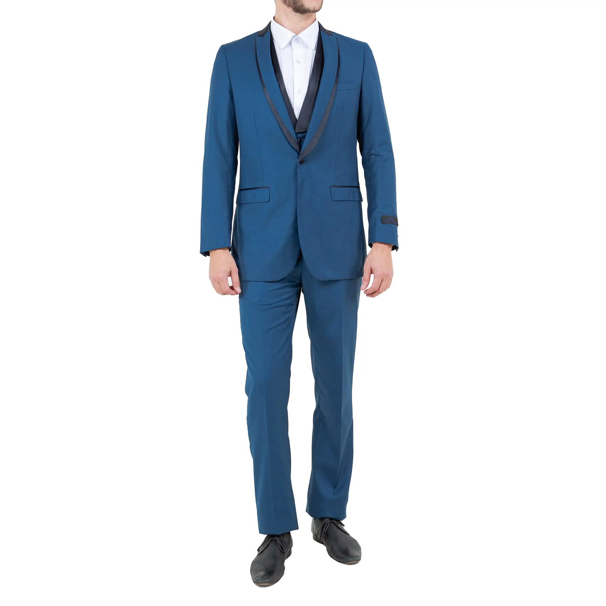 Teal Blue Three-Piece Tuxedo with Satin Shawl Lapel