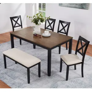 6-Piece Dining Table Set with Bench for 6 People, Farmhouse Style Wooden Dining Table and Chairs in Black & Oak Two-Tone, Rustic Kitchen & Dining Room Set with Bench Seating, Durable Modern Farmhouse Furniture