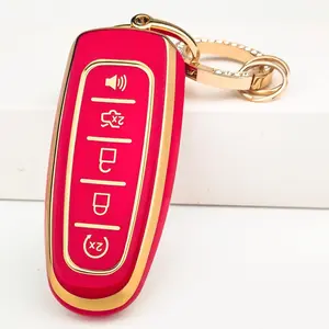 TPU Key Fob Cover Fit for Ford C-Max Edge Escape Expedition Explorer Flex Focus Taurus Lincoln MKS MKT MKX Navigator, Full Protection Soft TPU Key Case, with Bling Key Ring, Red