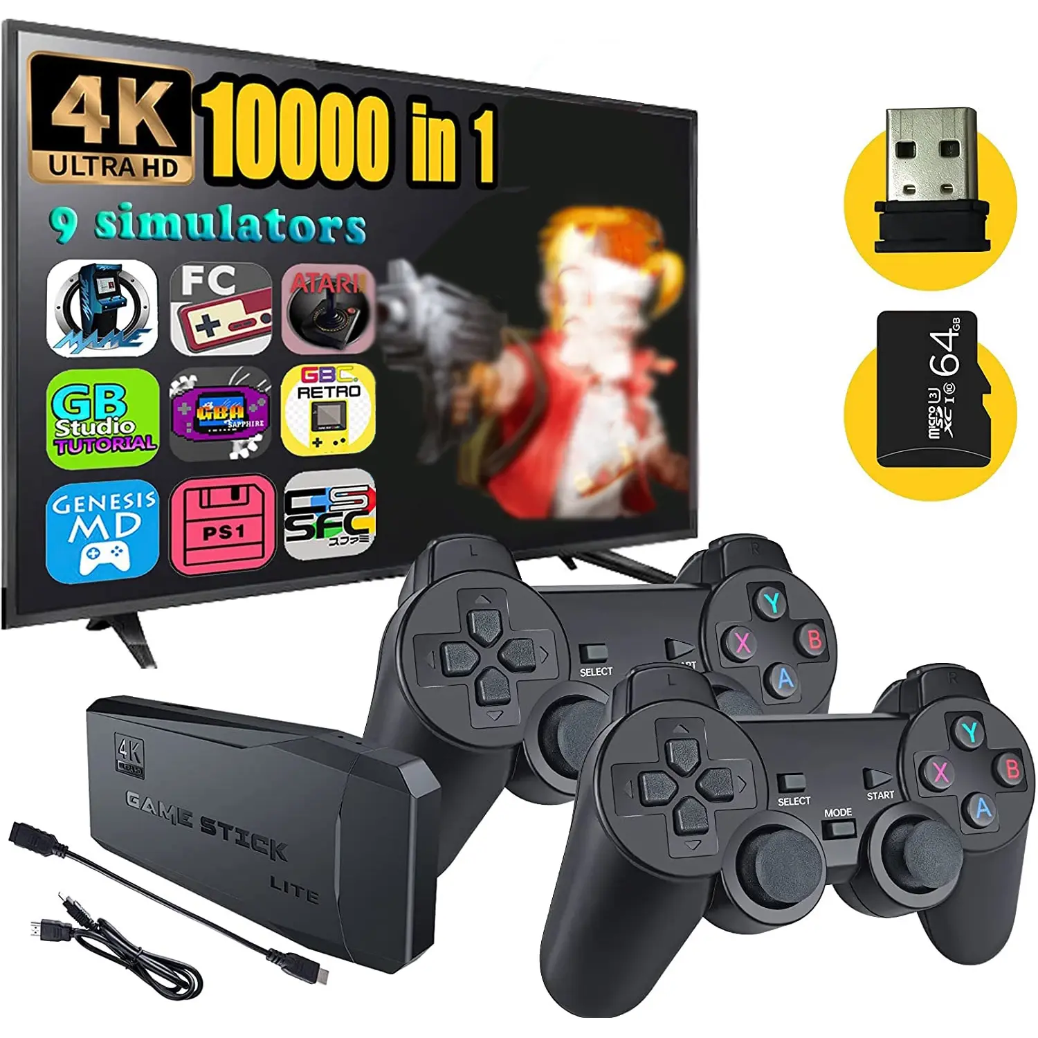 Wireless 2.4GHz HD Game Console Stick with Dual Joysticks, 10000+ Games, Multi-Simulators, Double Gamepads