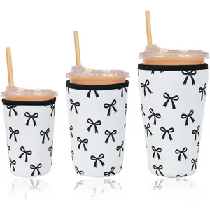 Reusable Insulated Neoprene Iced Coffee Cup Sleeve, Durable Drink Sleeve for Cold Beverages, Beverage Holder for Iced Coffee, Black Bow