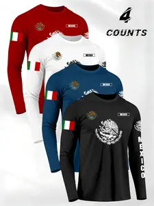 Men's 4-Piece Long Sleeve T-Shirt Set, Mexican Flag & Coat of Arms Design, Sporty Fitted Style, Athletic Shirt, All Seasons Wear, Casual & Sports
