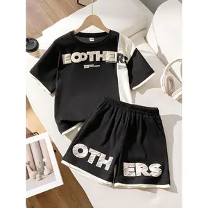 NewBoys' Summer Shorts Set, New Stylish 2pcs Outfit with Short Sleeves, Lightweight Color-Blocked Sportswear for Kids, Perfect for Outdoor(Gift)11