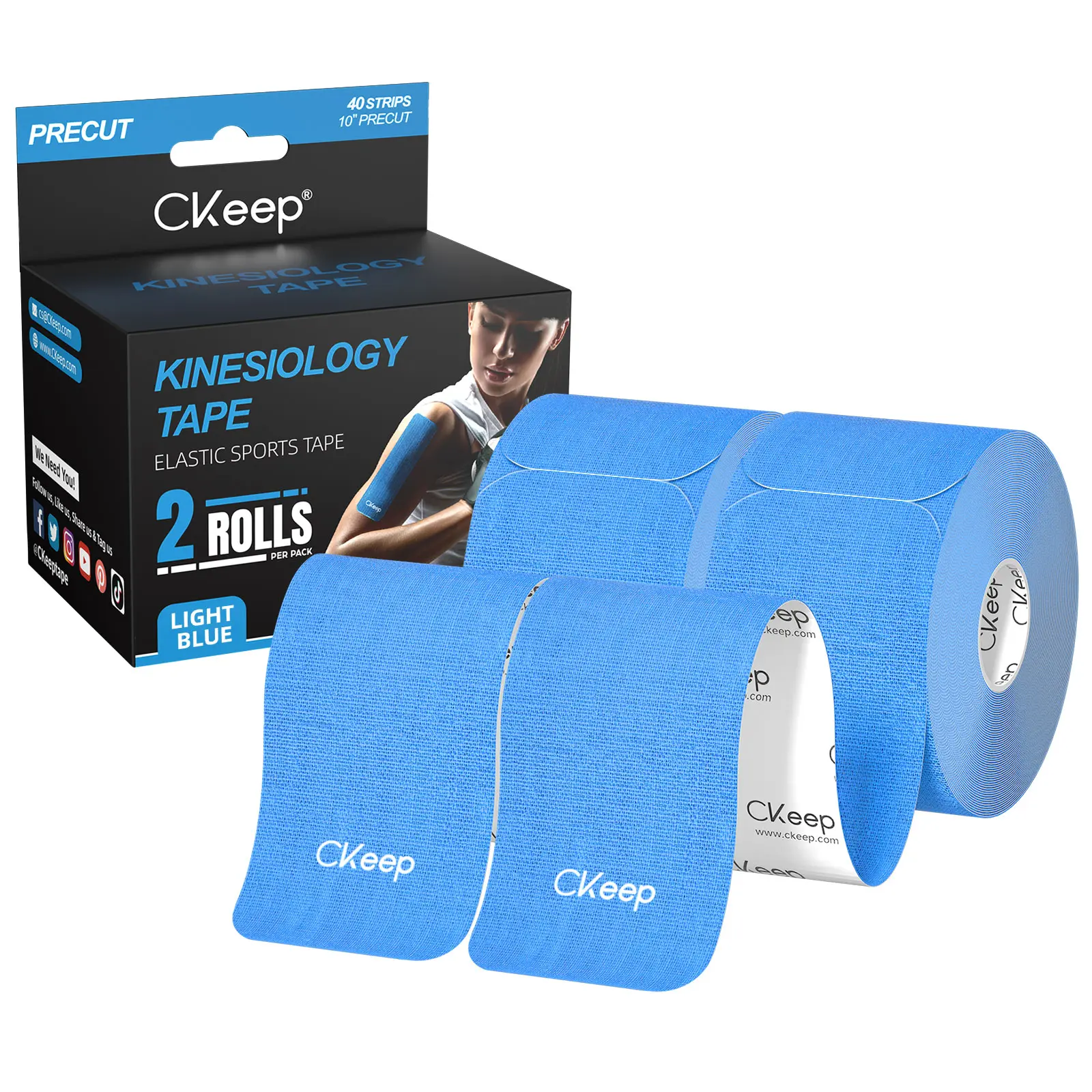 Ckeep Precut Kinesiology Tape, 2 Rolls - Original Cotton, Latex-Free tapes for Knee Shoulder Pain, Injuries & Sprains (Light Blue)