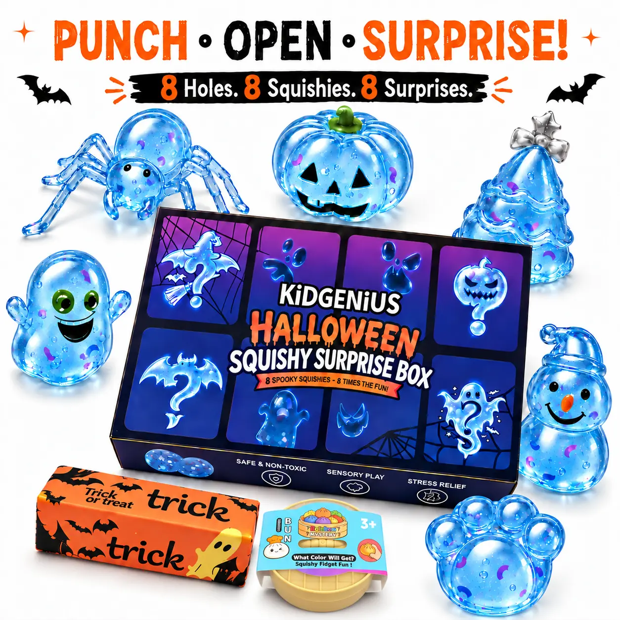 KIDGENIUS Halloween Squishy Toys 8-Pack Stress Relief Fidget Toys Fun Assorted Designs for Sensory Play and Party Favors Choose from 3 Color Perfect for Adults and Teens Easy to Squeeze Fun Gifts Halloween Decor