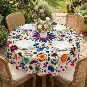 Round table cloth with colorful flowers on beige background, exotic ethnic style table accessory, for Boho Gathering, Creative Space, Restaurant