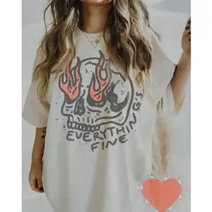 Aesthetic 'Everything's Fine' Skull Graphic T-Shirt | Premium 100% Cotton Heavyweight Tee | Vintage Retro Grunge Style Apparel | Funny Sarcastic Rebel Rock Streetwear | Soft Breathable Loose Fit Summer Top FR7