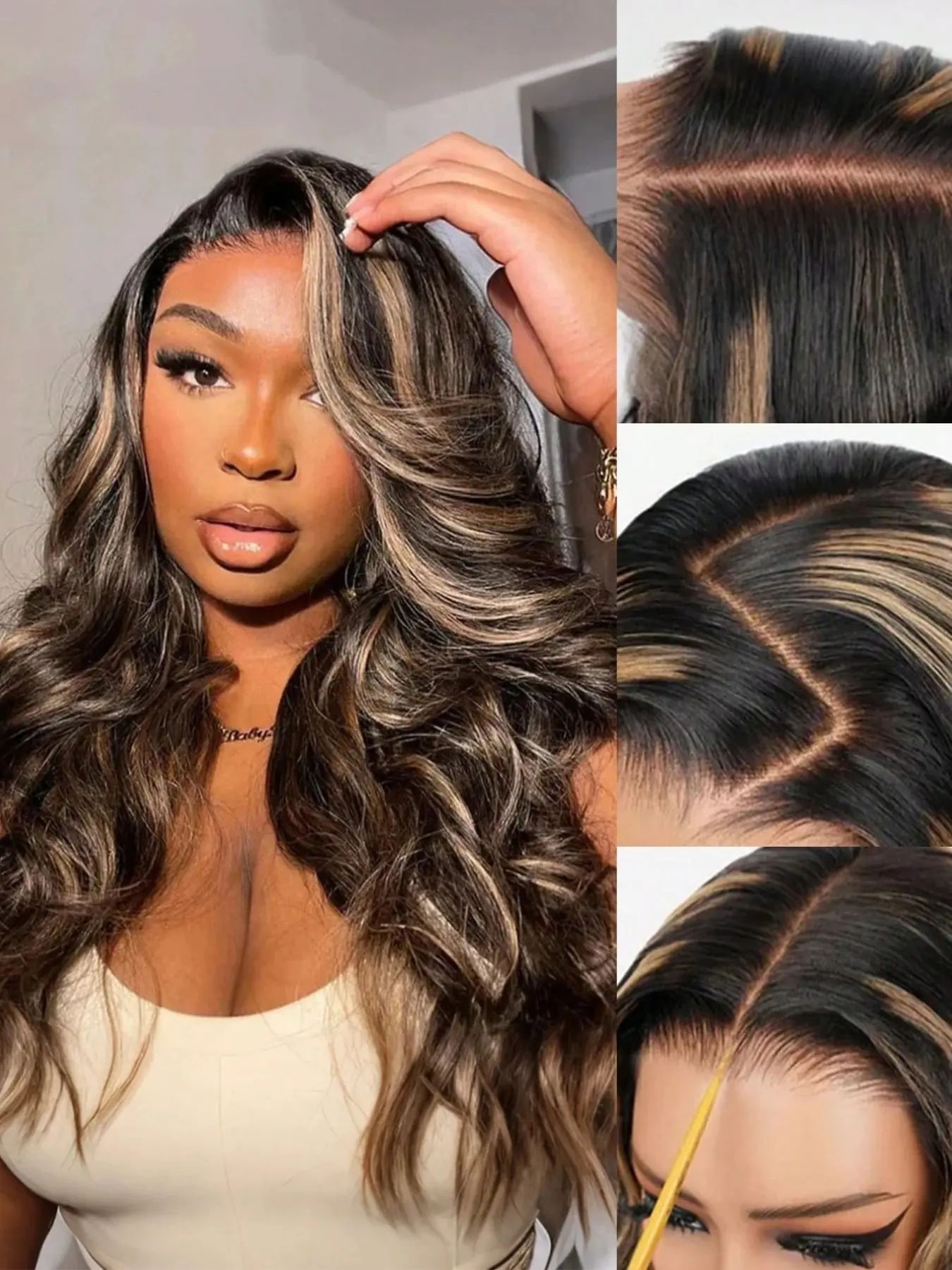 Highlight #1b/27 5x5 Lace Real Human Hair Body Wave Wigs 16-30 Inch 180% Density Wig With Transparent Lace Closure, Glueless Ready To Wear Wig - Daily Use Office Outdoor Cosplay Wedding Festival Ready For Women