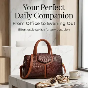 Crocodile Embossed Dark Brown Handbag – Vintage Top Handle Satchel Shoulder Purse for Women – Classic Office Work & Daily Crossbody Bag