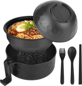Microwave Ramen Noodle Bowl Set with Chopsticks, Spoon, Fork – 32 oz Portable Ramen Cooker for Dorm, Home, Office (Black)