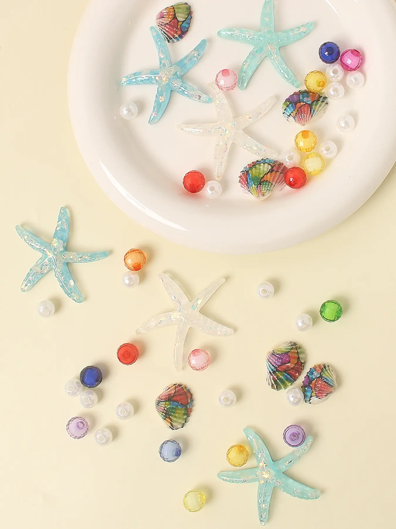 Beach Theme Decorative Accessories Set, Includes Starfish Shells & Beads, Small Plastic Faux Pearls for DIY Crafts Jewelry Making Materials, DIY Craft Embellishments, Beach Charms