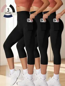 3 Pack Women’s High Waisted Capri Leggings with Pockets, Super Soft Tummy Control, No See Through Yoga Pants for Workout Running