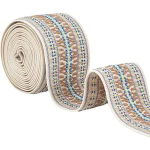 2.5 Yards 2 Inch Jacquard Elastic Band, Elastic Emobridered Woven Ribbon Boho Fabric Sewing Band for DIY Craft Accessories Embellishment Decorations, Beige