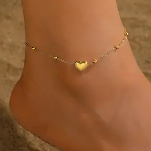 Women's Elegant 18 Karat Gold-Plated Heart-Shaped Bead Chain Stainless Steel Anklet - Non-Tarnish Gold Anklet, Ideal for Anniversary, Daily Use, Gold Anklets