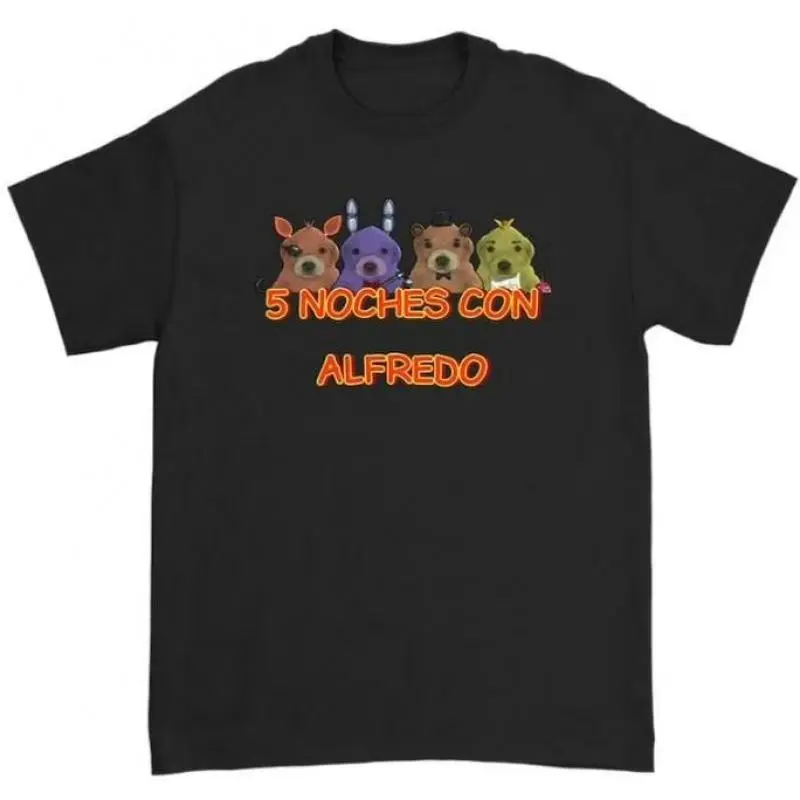 Classic Graphic Shirt for Men with '5 Noches Con Alfredo' Print, Unisex Shortsleeve Round Neck in Soft Breathable Cotton, Fabric, Printed