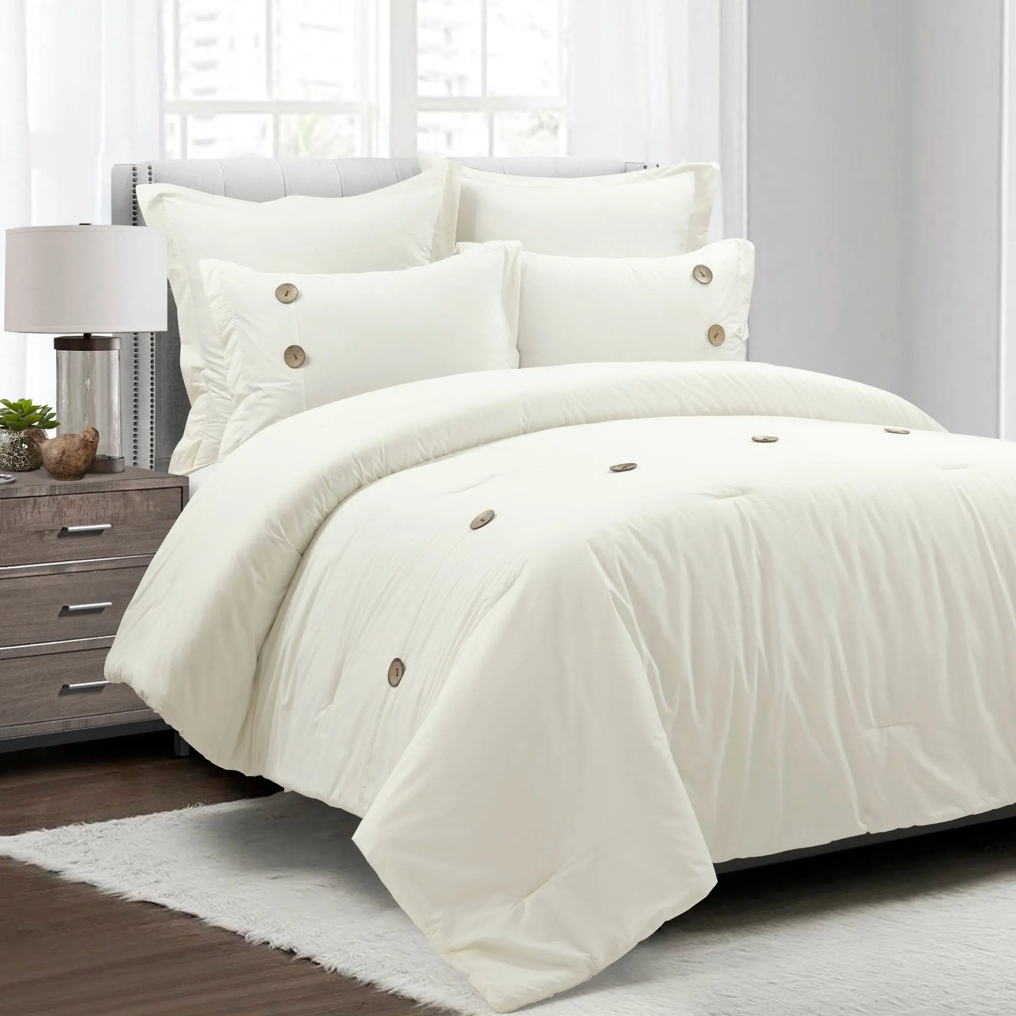 Lush Decor Linen Button Comforter 5 Piece Set, Soft and Cozy Design