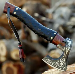 Engraved Viking Axe – Gift for Outdoorsman Hand-Forged Hatchet with Leather Wrap Ideal for Holiday or Wedding Gifts