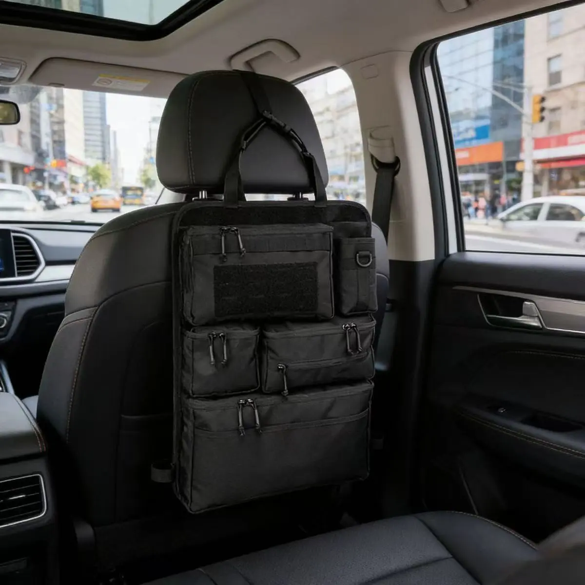 Upgrade Tactical Car Seat Back Storage Bag, Military Style Multifunctional Vehicle Seat Panel Organizer, Universal Auto Interior Accessory with Pockets for Phone Water Bottle Snacks Sundries, Fit Most Vehicles Car Storage Accessories, Car Interior Gadget