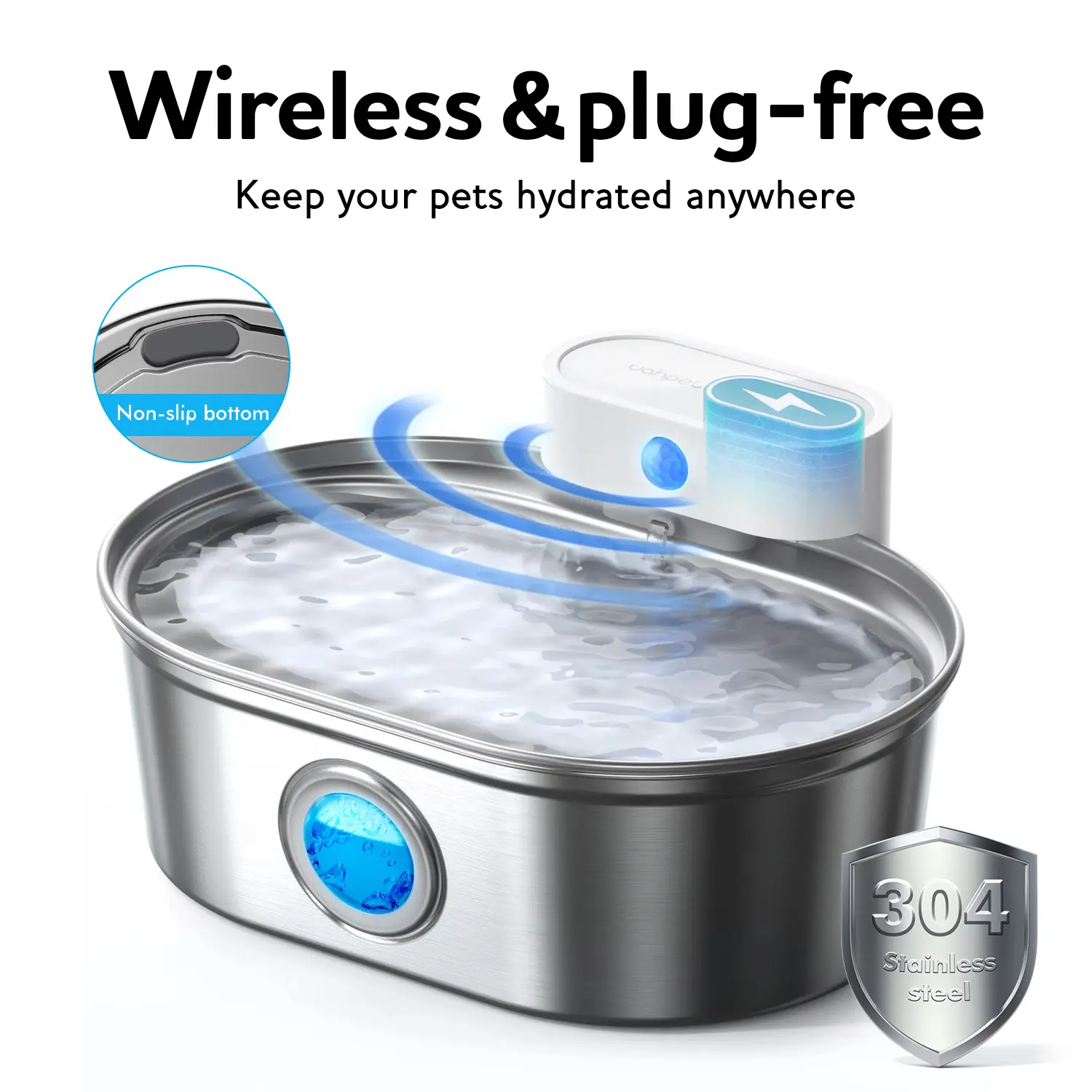 Uahpet Wireless Stainless Steel Cat Water Fountain Pro, Smart Water Dispenser with Replacement Filters, Drinking Bowl for Cats Dogs Rabbits