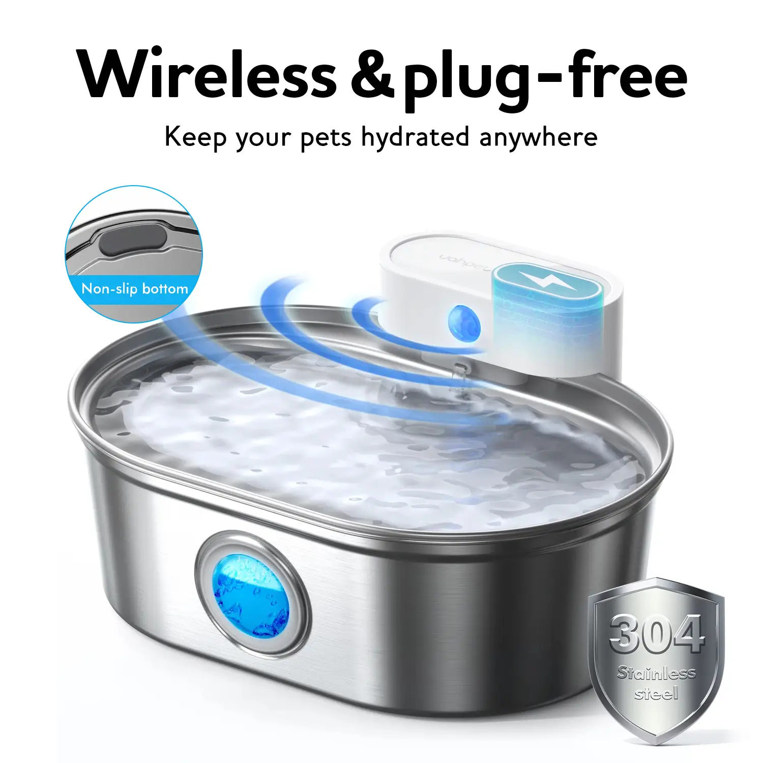 Uahpet Wireless Stainless Steel Cat Water Fountain Pro, Smart Water Dispenser with Replacement Filters, Drinking Bowl for Cats Dogs Rabbits