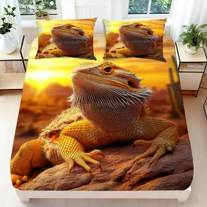 2/3 Pcs 2D Flat Desert Bearded Dragon Fitted Sheet Set Bearded Dragon Bedding Set Quilt Cover 1 Fitted Sheet + 1/2 Pillowcases Desert Landscape Top Sheet Decorative Bedding Bedroom Decor
