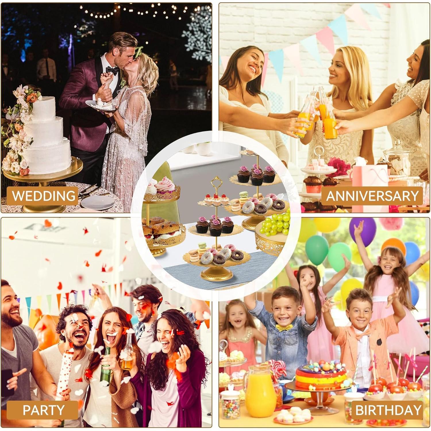 10 Pcs Gold Cake Stand Set for Wedding, Dessert Table Display Set for Birthday, Metal Square Serving Trays for Candy, Cupcake Pop Stand Holder Tower with Round Base for Celebration, The Platters for Party