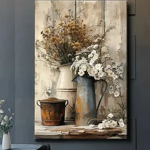 A Farmhouse Style Canvas Wall Art, Wooden Wall Art - Antique Floral Painting with Cream Yellow Wood Grain, White Jasmine Flowers and Antique Kettle - Home Decoration, Suitable for Living Room, Kitchen - Ready-to-Hang Framed Canvas Print - Perfect New Hom