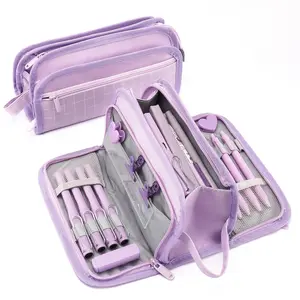 Simple Style Multifunctional Pencil Case, Grid and Transparent Options Available, Durable Large Capacity Stationery Storage Bag