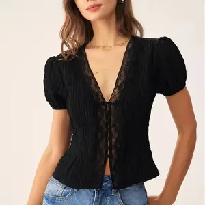 Black Jacquard Lace Button Blouse with Puff Sleeves and V-Neckline for Women