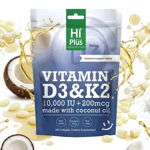 HiPlus Vitamin D3 + K2 (300 Softgels) with Organic Coconut Oil – High Potency MK-7 Formula – Supports Immune, Bone & Heart Health – Non-GMO, Gluten-Free